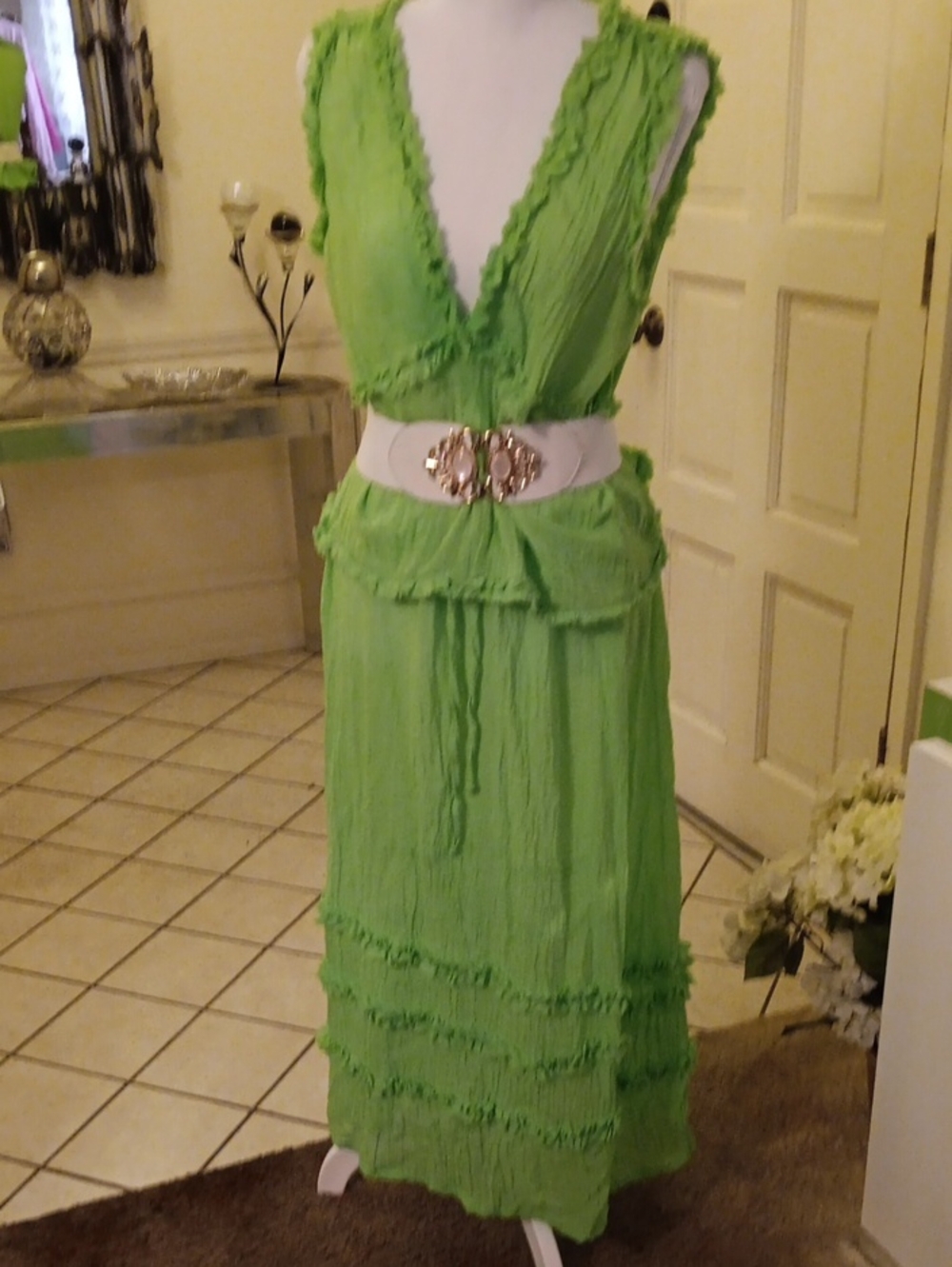 Green V-Neck 2 pc Ruffle Maxi Dress - belt not included